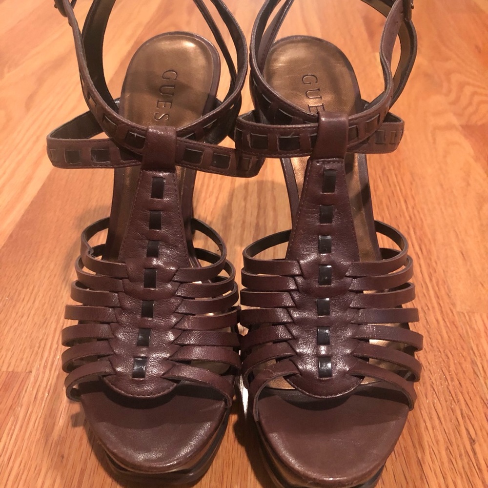 Guess 7 1/2 Brown Leather Platform Sandals